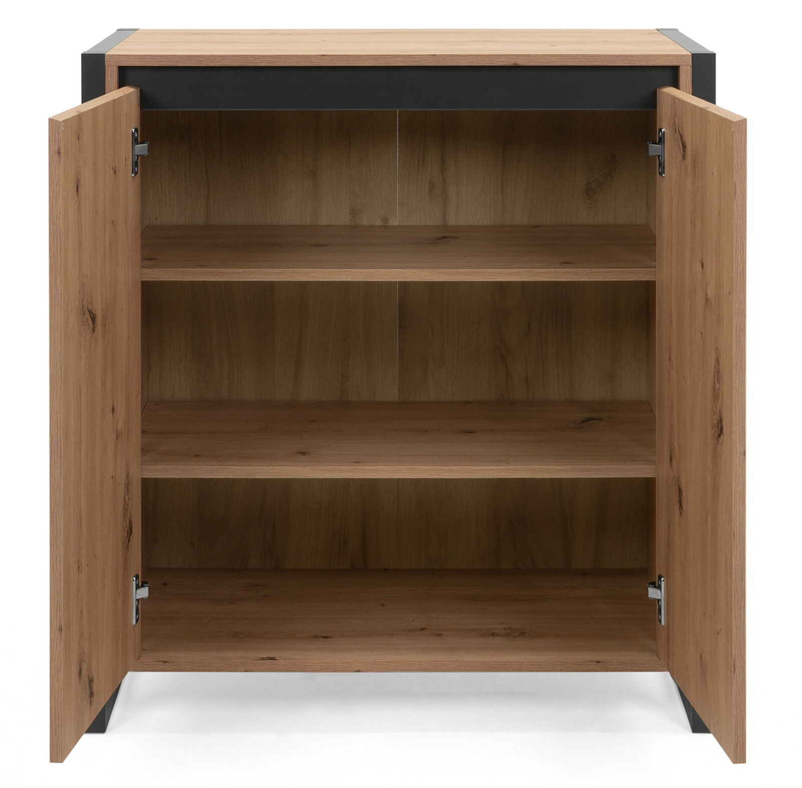 Kommode aus Holz mit zwei offenen Türen, drei Regalböden und schwarzem Rahmen, Frontalansicht