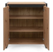 Kommode aus Holz mit zwei offenen Türen, drei Regalböden und schwarzem Rahmen, Frontalansicht