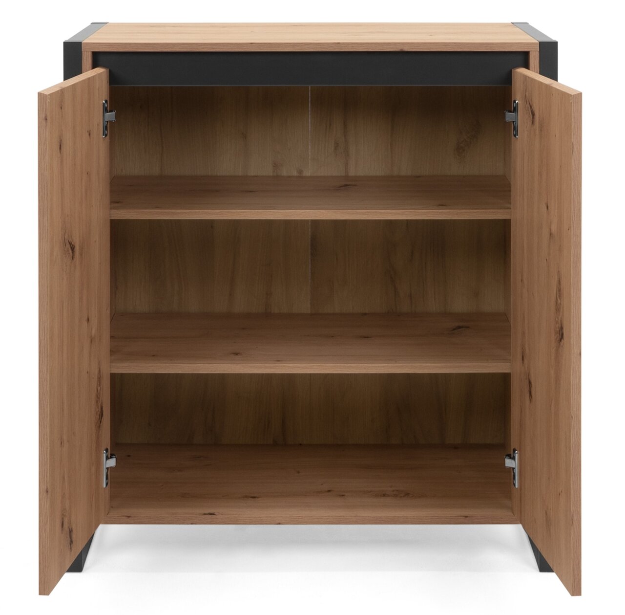 Kommode aus Holz mit zwei offenen Türen, drei Regalböden und schwarzem Rahmen, Frontalansicht