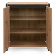 Kommode aus Holz mit zwei offenen Türen, drei Regalböden und schwarzem Rahmen, Frontalansicht