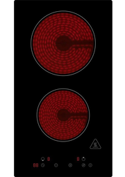 Schwarzes Glaskeramik-Kochfeld mit zwei rot leuchtenden Strahlungs-Kochzonen und Touch-Bedienfeld, Draufsicht von oben