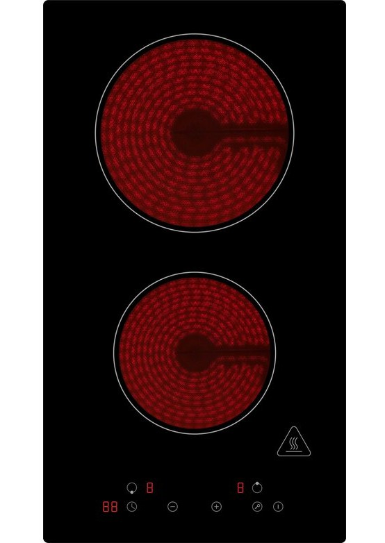 Schwarzes Glaskeramik-Kochfeld mit zwei rot leuchtenden Strahlungs-Kochzonen und Touch-Bedienfeld, Draufsicht von oben