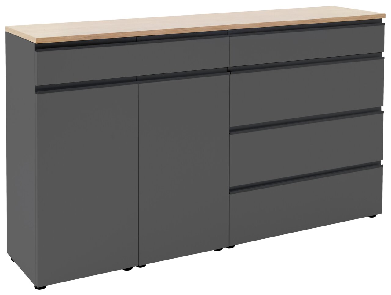 Graues Sideboard mit Holzplatte, Frontansicht