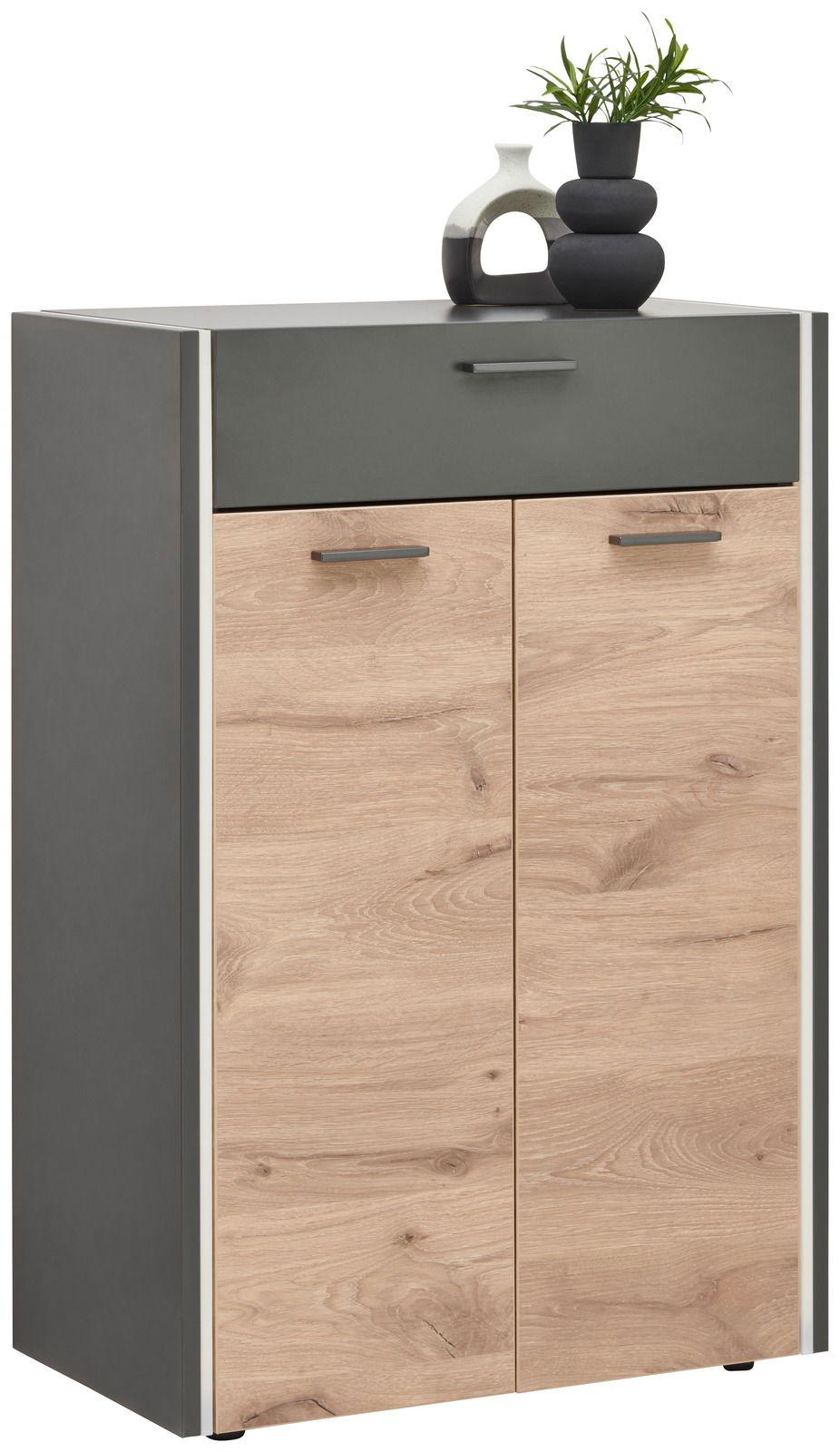 Voleo Schuhschrank LIGHT UP Moderner Schuhschrank mit grauer Oberseite und Holzfront, dekoriert mit einer Vase und Pflanze, seitliche Perspektive