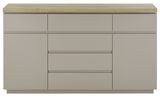 Frontale Ansicht eines modernen Sideboards mit hellem Holzdeckel und grauen Schubladen und Türen.