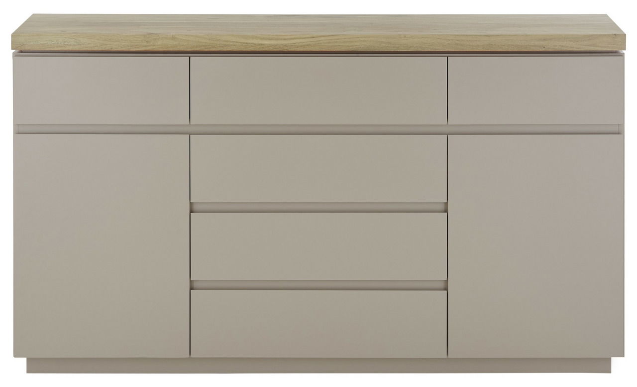 Frontale Ansicht eines modernen Sideboards mit hellem Holzdeckel und grauen Schubladen und Türen.