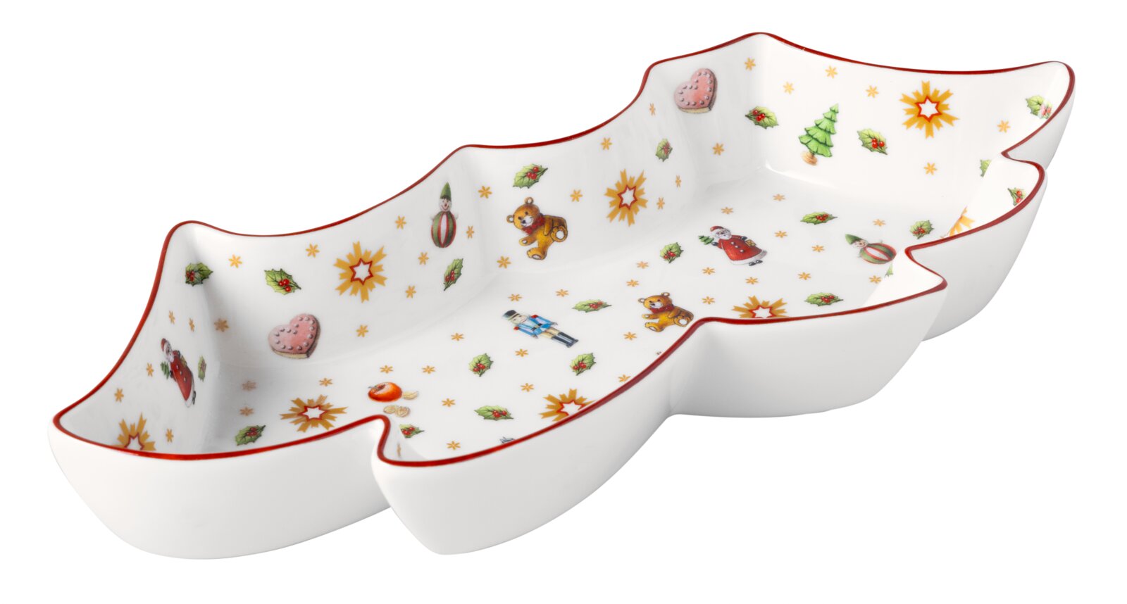 Weiße Servierschale in Weihnachtsbaumform mit rotem Rand und festlichen Motiven, aus schräger Vorderansicht von oben