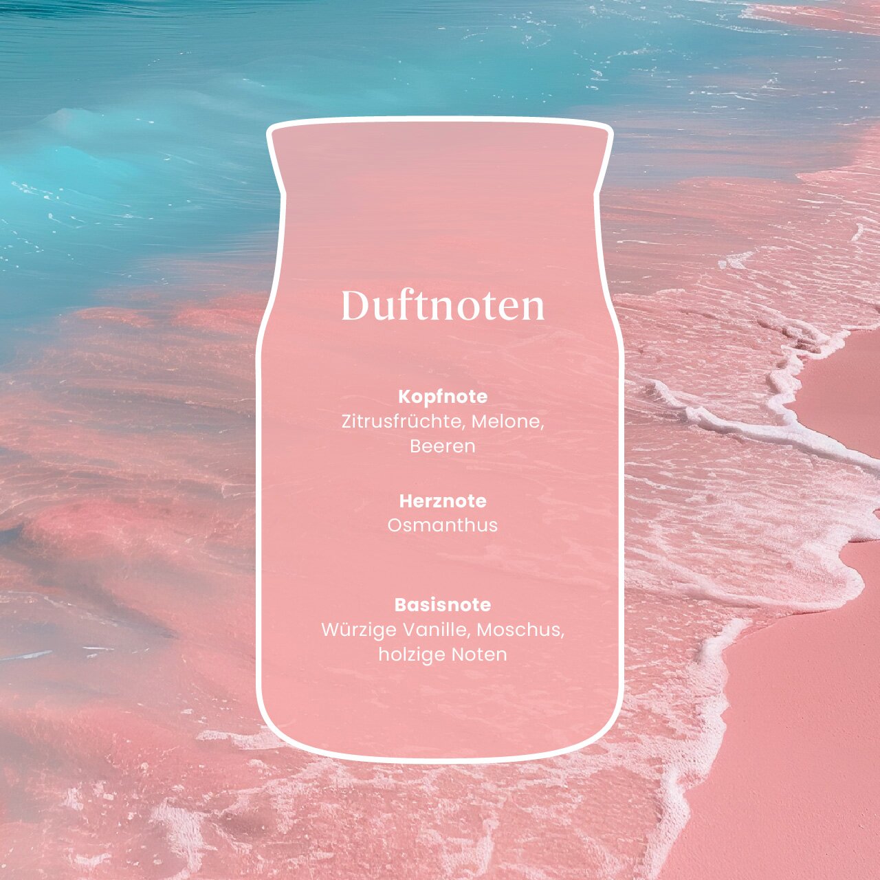 Frontalansicht einer rosafarbenen Duftnoten-Grafik vor einem türkis-rosa Meeresstrand: Kopfnote aus Zitrusfrüchten, Melone und Beeren, Herznote aus Osmanthus sowie Basisnote aus würziger Vanille, Moschus und holzigen Noten.