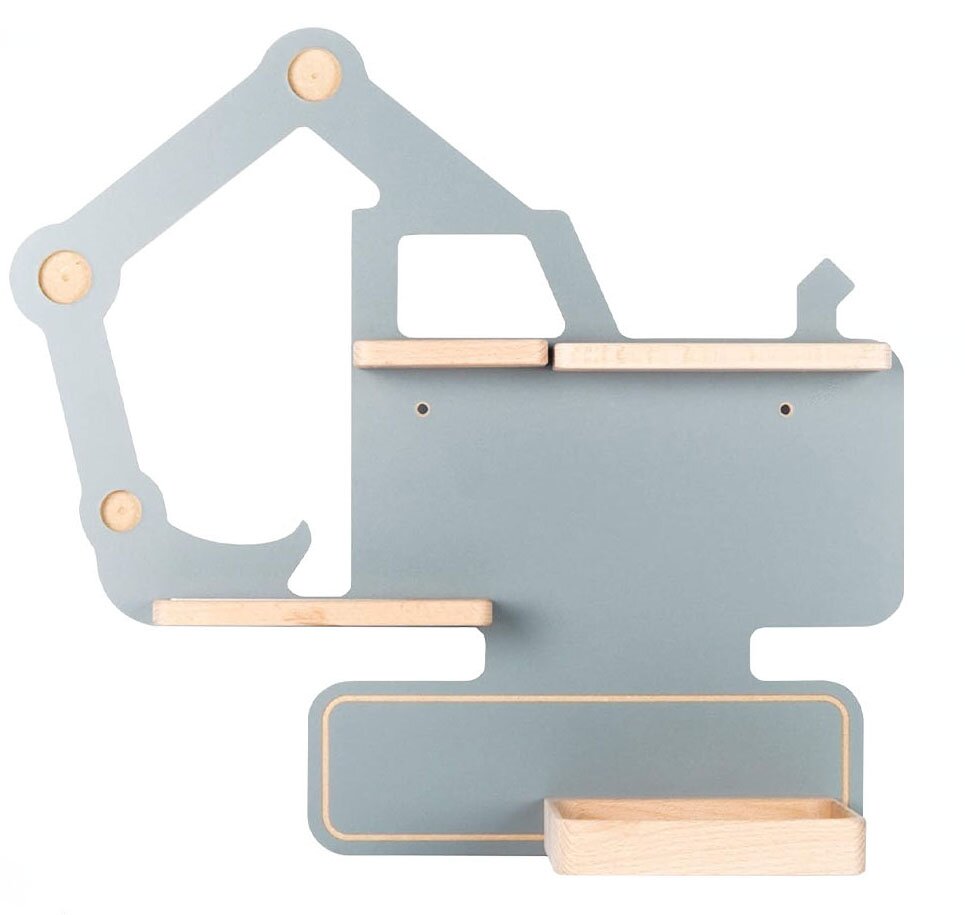 Blau-graues Wandregal in Baggerform aus Holz mit kleinen Ablagen und Haken, Frontansicht