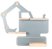 Blau-graues Wandregal in Baggerform aus Holz mit kleinen Ablagen und Haken, Frontansicht