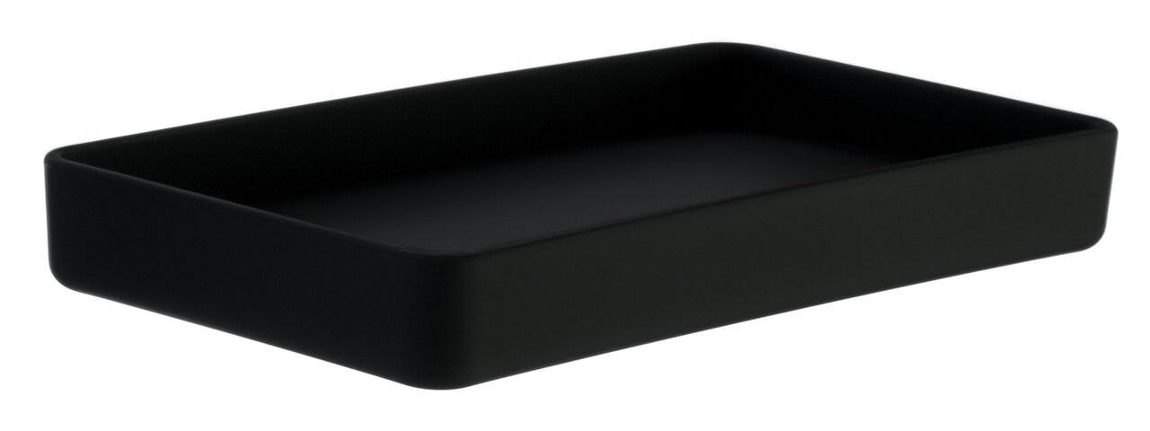 Schwarze rechteckige Schale/Box mit abgerundeten Ecken, leer, in schräger Perspektive von oben (3/4-Ansicht) vor weißem Hintergrund
