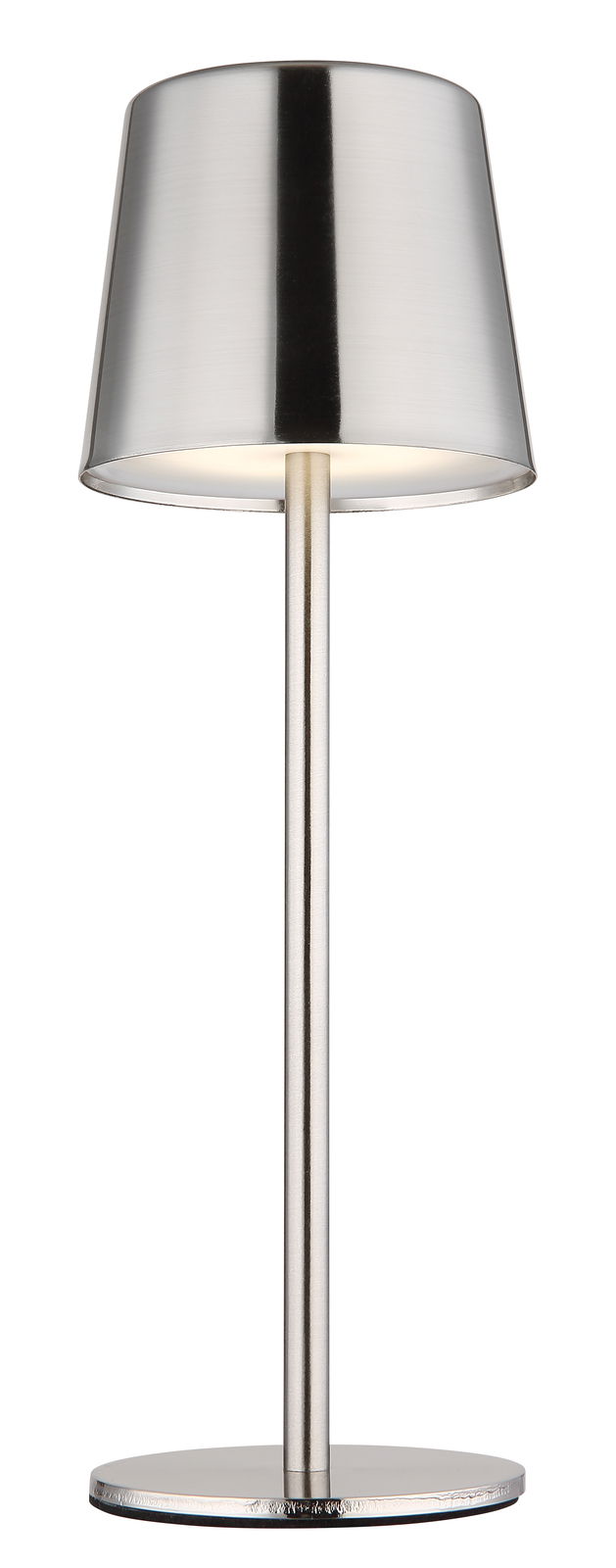 Moderne Tischleuchte aus Metall in silberner Farbe, frontal abgebildet.