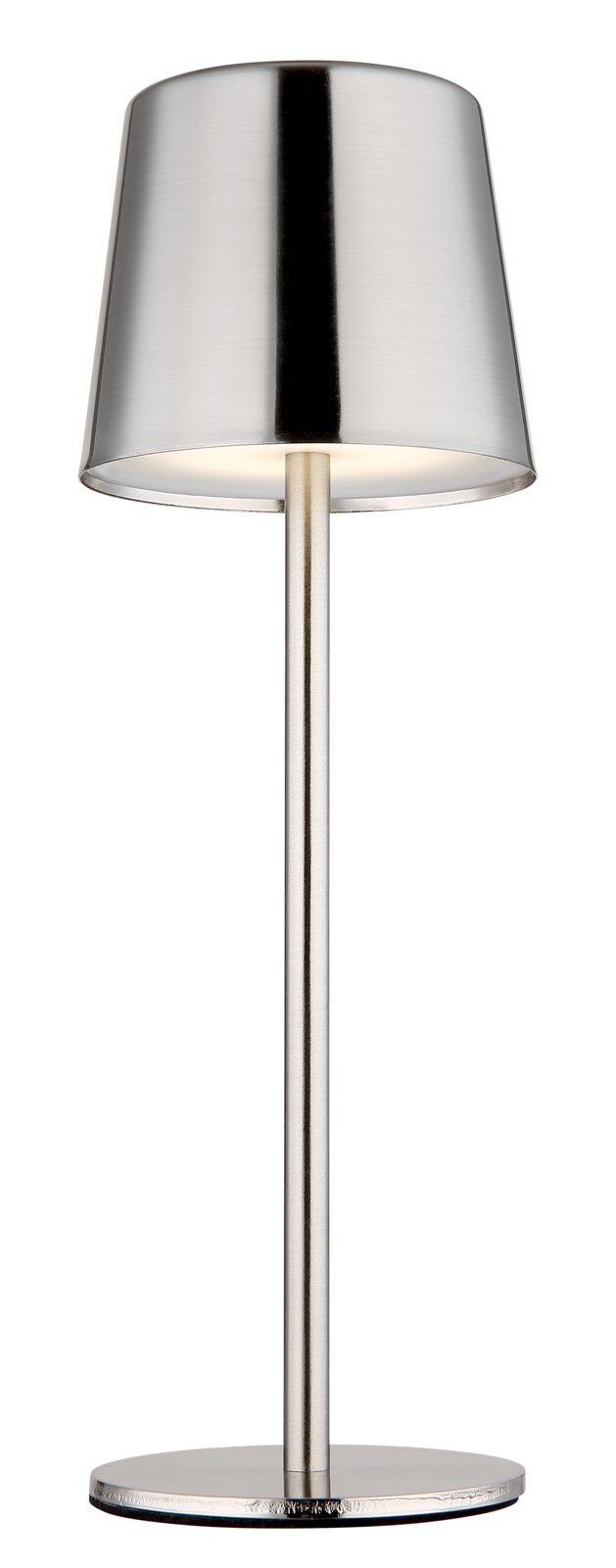 Moderne Tischleuchte aus Metall in silberner Farbe, frontal abgebildet.