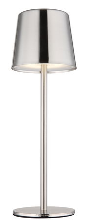 Moderne Tischleuchte aus Metall in silberner Farbe, frontal abgebildet.