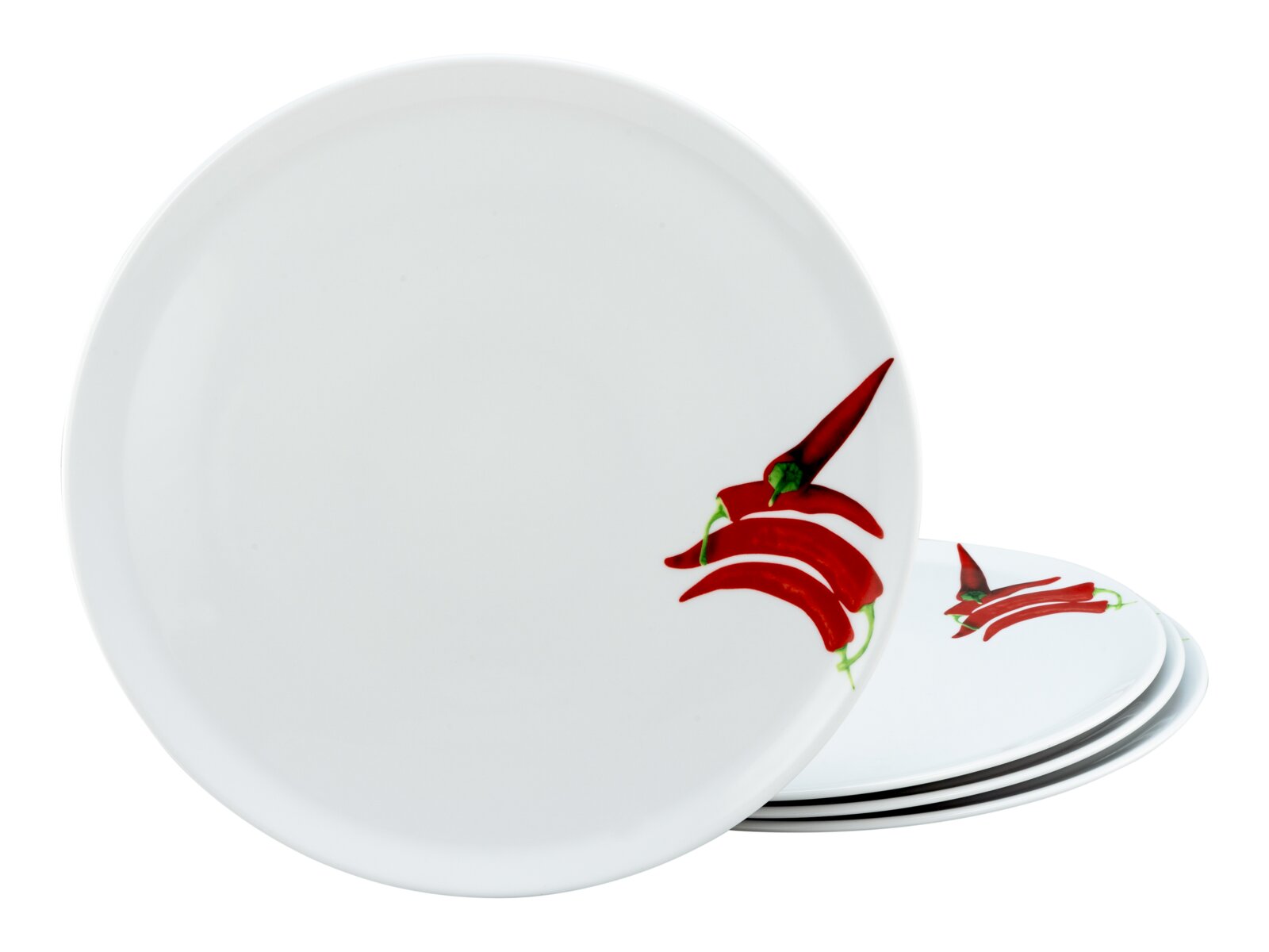 Weißer runder Porzellanteller mit rotem Chili-Motiv am Rand, schräg von vorn fotografiert; im Hintergrund ein kleiner Stapel passender Teller in Seitenansicht.