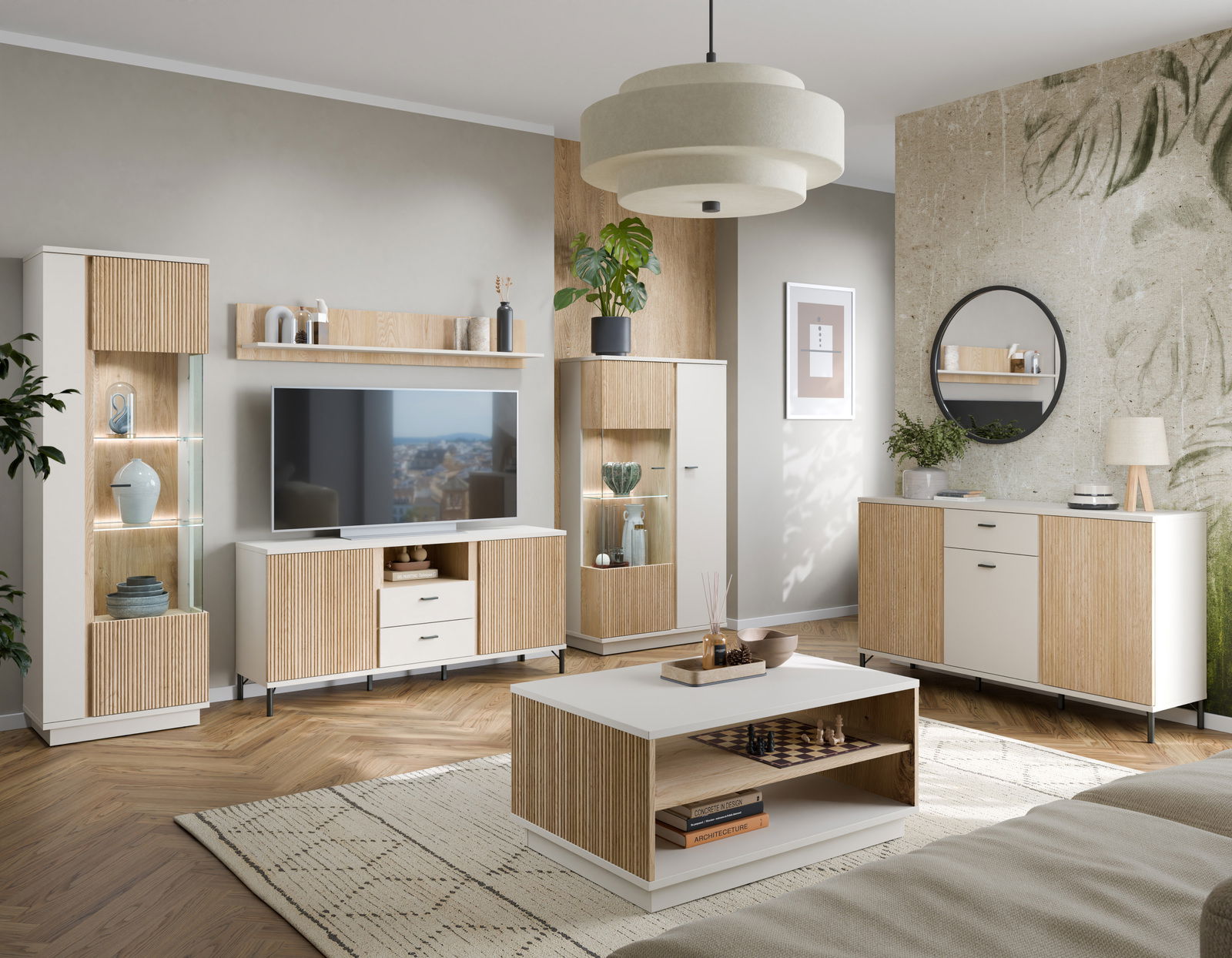 Modernes Sideboard in einem stilvollen Wohnzimmer, frontal betrachtet, mit Holz- und Weißtönen, umgeben von dekorativen Elementen.