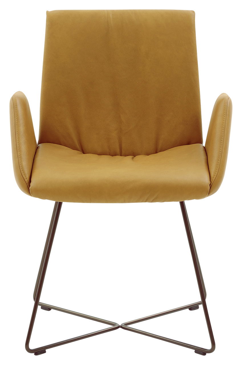 Moderner Sessel in senfgelber Farbe mit Metallgestell, Frontalansicht