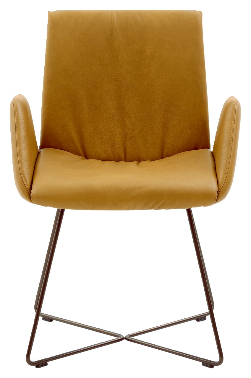 Moderner Sessel in senfgelber Farbe mit Metallgestell, Frontalansicht