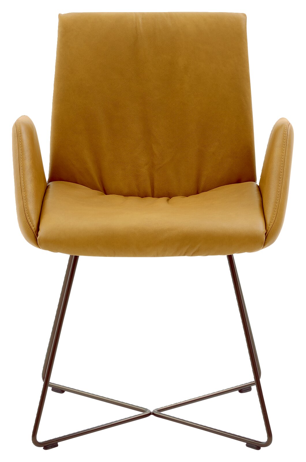 Moderner Sessel in senfgelber Farbe mit Metallgestell, Frontalansicht