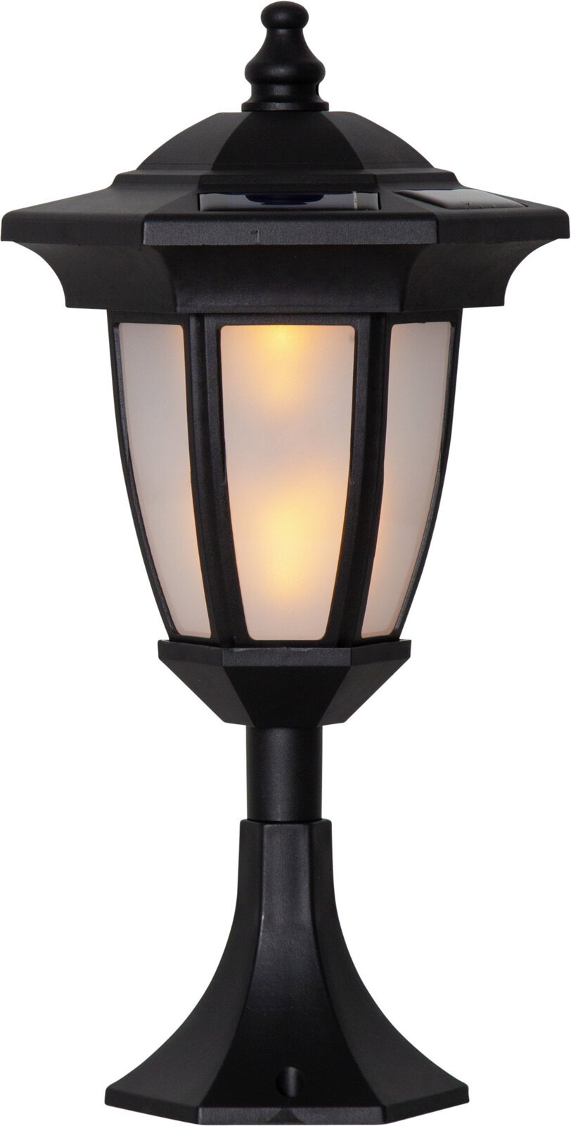 Schwarze Außen-Standlaterne im klassischen Laternenstil mit milchigen Scheiben und warmem Licht, frontal aus der Vorderansicht freigestellt auf weißem Hintergrund