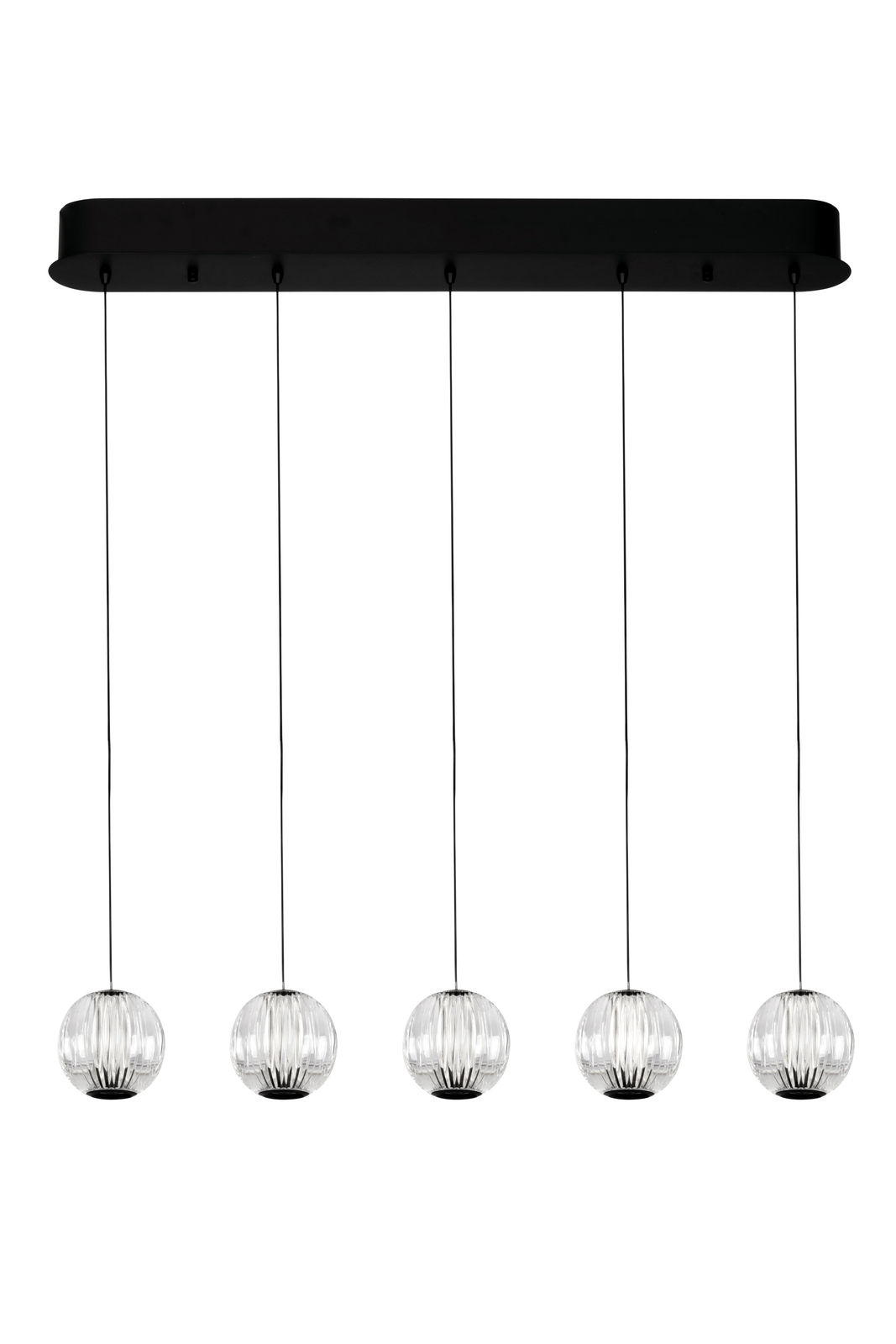 Moderne LED-Hängeleuchte mit fünf kugelförmigen, transparenten Lampenschirmen, von unten betrachtet.
