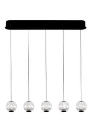 Moderne LED-hanglamp met vijf bolvormige, transparante lampenkappen, gezien van onderaf.
