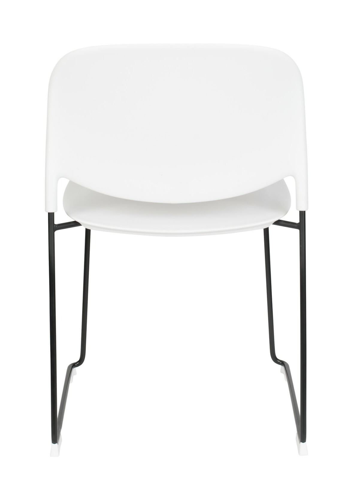 Moderner weißer Stuhl mit schwarzem Metallgestell, Vorderansicht.