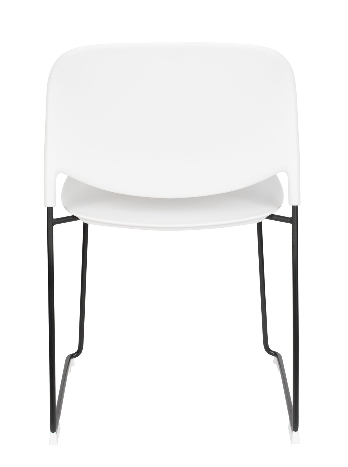 Moderner weißer Stuhl mit schwarzem Metallgestell, Vorderansicht.
