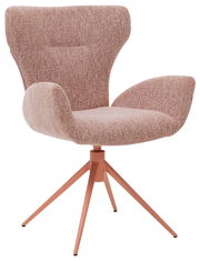 Moderner Armlehnstuhl mit rosa Stoffbezug und Metallbeinen, seitliche Perspektive