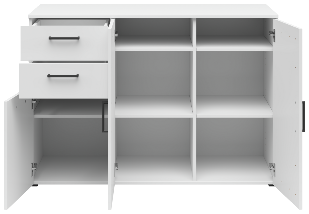 Weiße Kommode mit zwei offenen Schubladen und mehreren Fächern, frontal betrachtet.