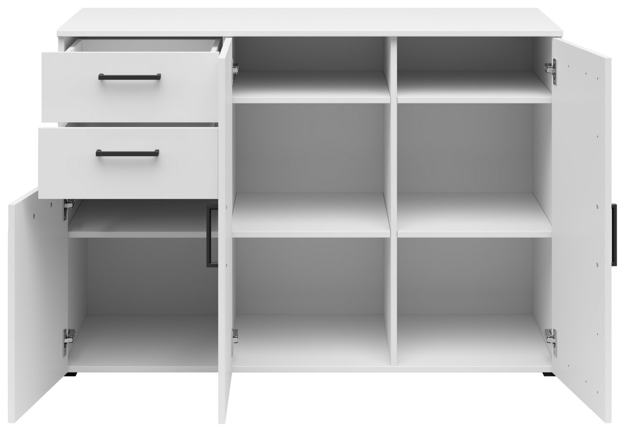 Weiße Kommode mit zwei offenen Schubladen und mehreren Fächern, frontal betrachtet.