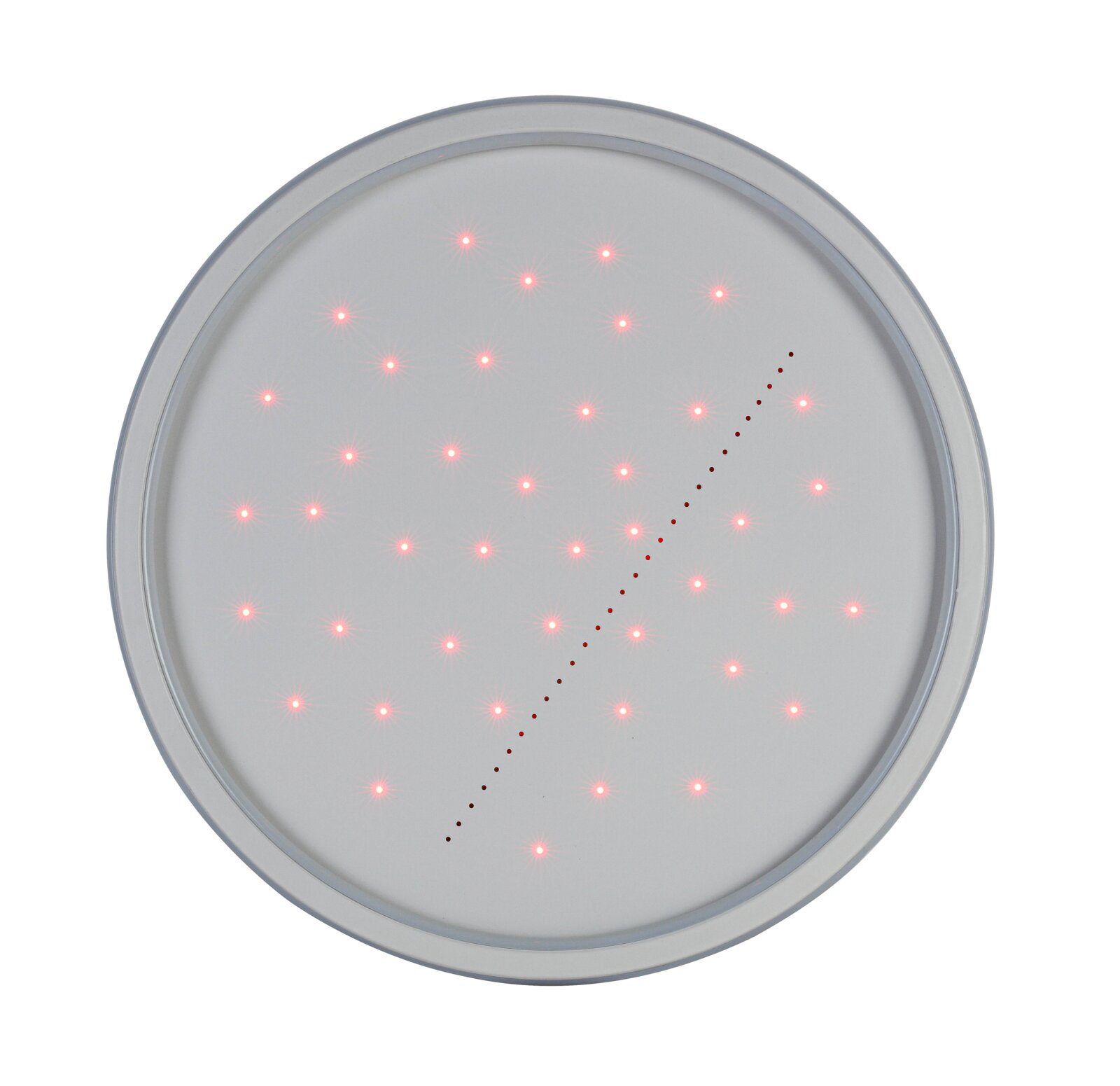 Ronde led-plafondlamp met een modern ontwerp, waarbij vanuit vogelperspectief rode lichtpuntjes op een wit oppervlak te zien zijn.