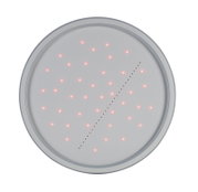 Ronde led-plafondlamp met een modern ontwerp, waarbij vanuit vogelperspectief rode lichtpuntjes op een wit oppervlak te zien zijn.