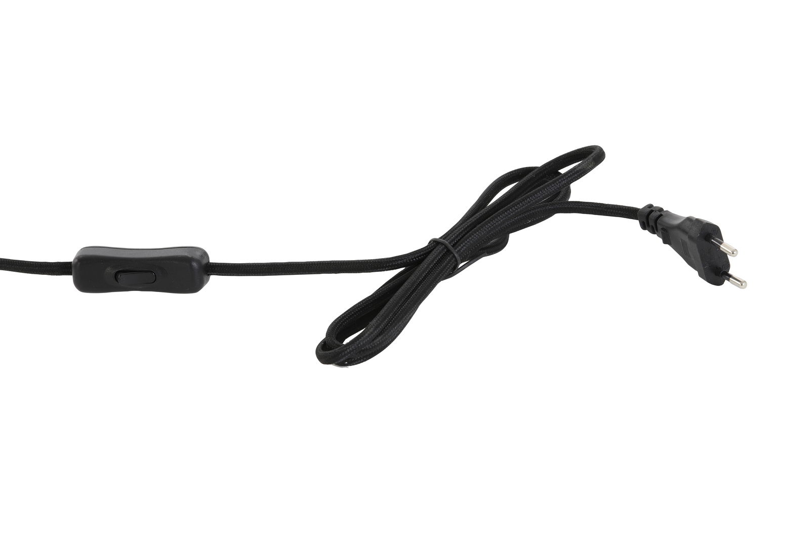 Schwarzes Netzkabel mit Schalter und Stecker, seitliche Perspektive