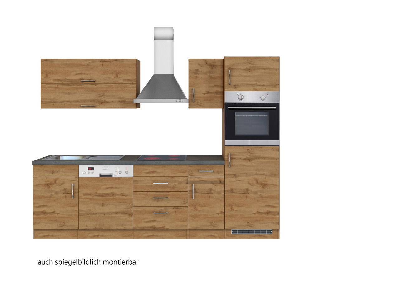 Küchenzeile in Holzoptik mit Herd, Ofen und Dunstabzugshaube, frontale Ansicht