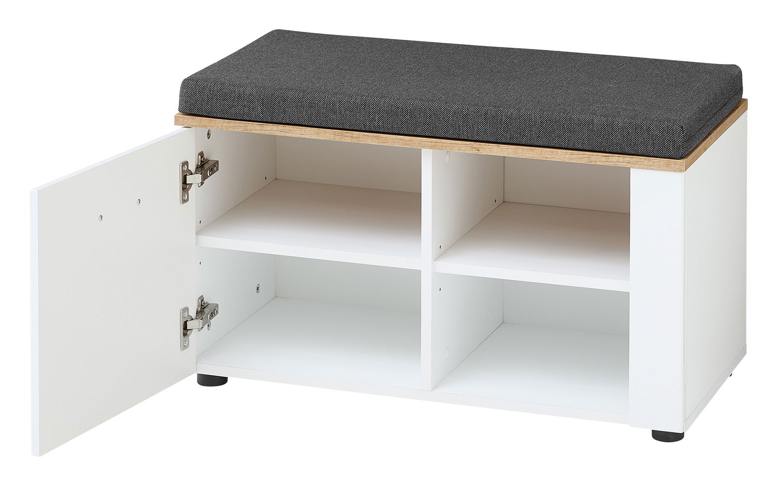 Weiße Garderobenbank mit grauem Sitzpolster, offener Tür und vier Fächern, seitliche Perspektive