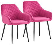 Zwei pinke Armlehnstühle mit gestepptem Muster und schwarzen Beinen, seitliche Perspektive