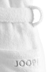 Nahaufnahme eines weißen Schalkragens aus Frottee mit aufgesticktem Logo 'JOOP!'