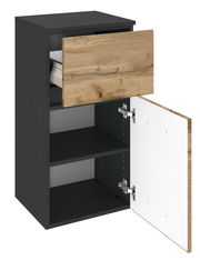 Unterschrank mit geöffneter Schublade und Tür, Frontansicht