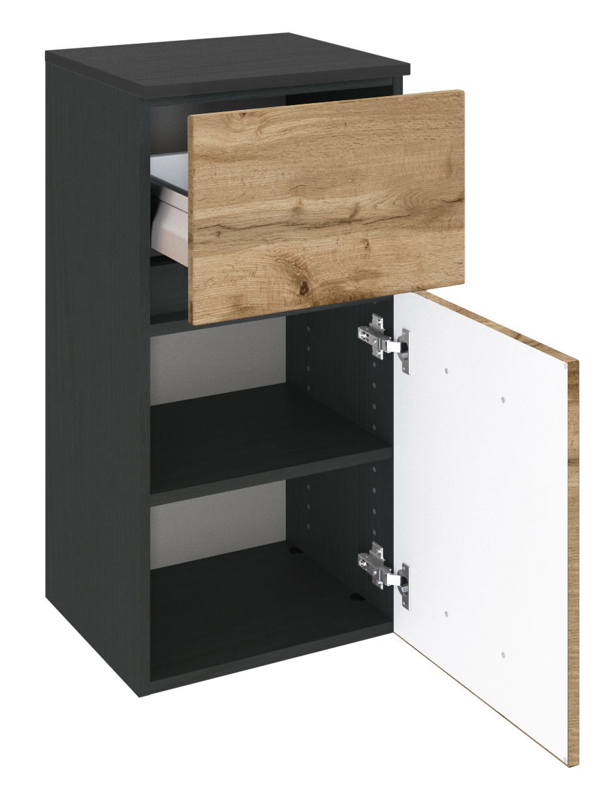 Unterschrank mit geöffneter Schublade und Tür, Frontansicht