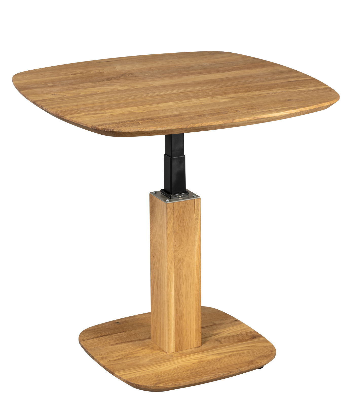 Moderner Couchtisch aus Holz mit quadratischer Tischplatte und zentralem Standfuß, seitliche Perspektive