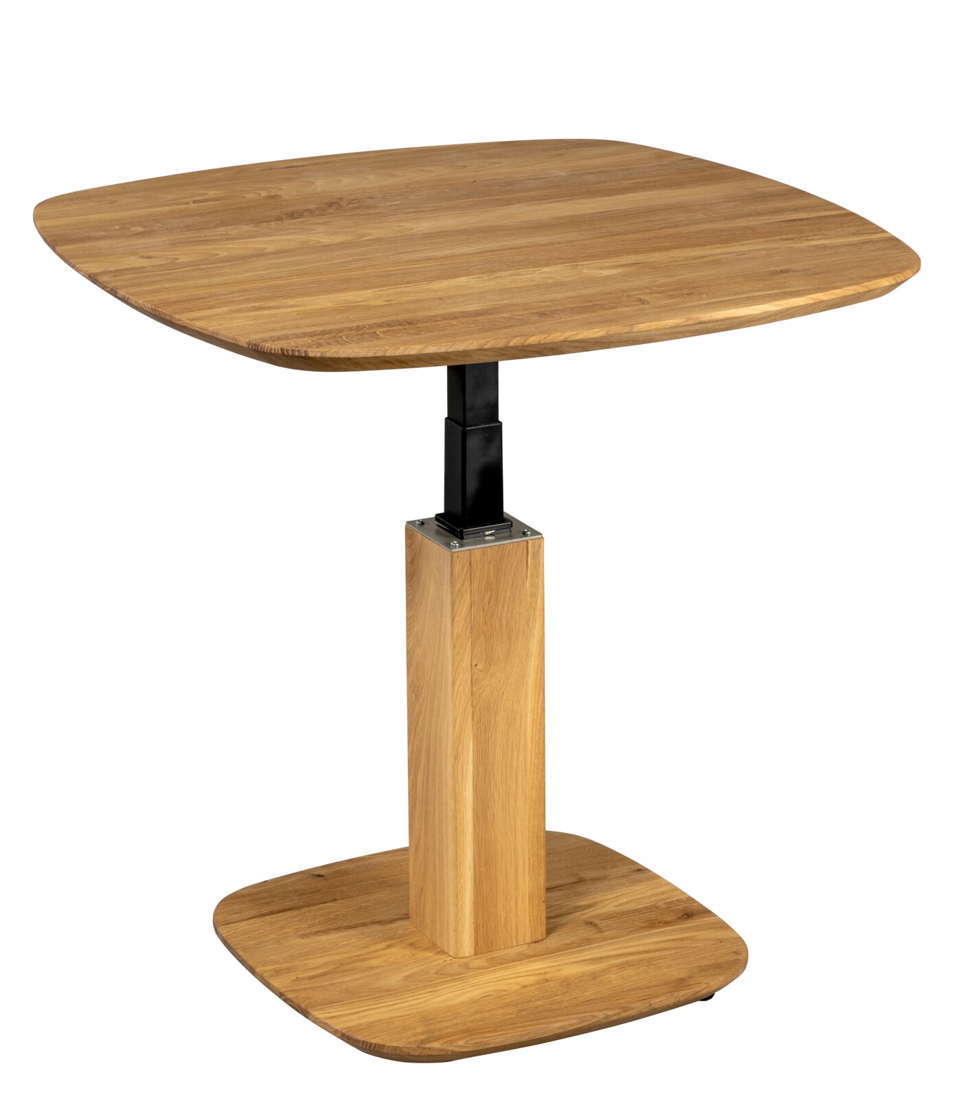 Moderner Couchtisch aus Holz mit quadratischer Tischplatte und zentralem Standfuß, seitliche Perspektive