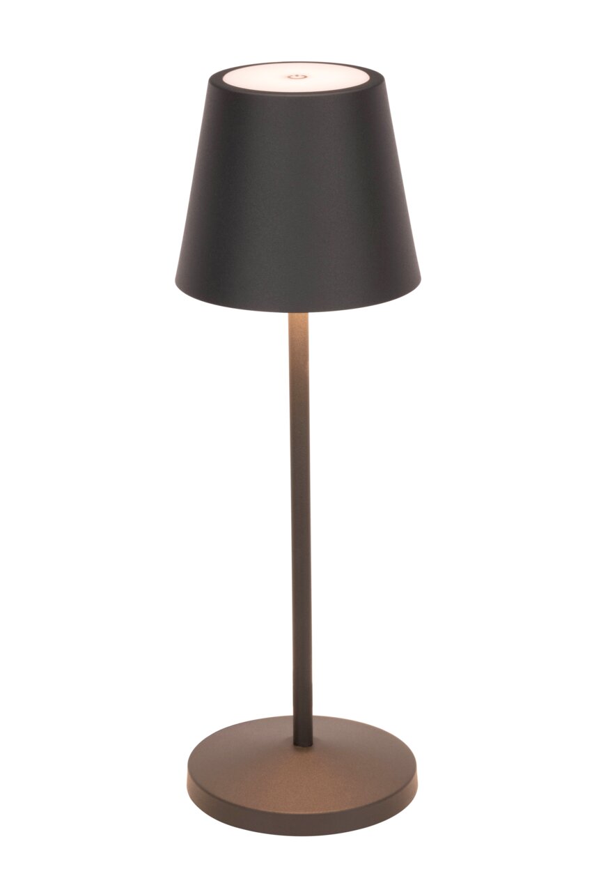 Novel Akku-Tischleuchte Schwarze Akku-Tischleuchte mit konischem Schirm, seitliche Perspektive