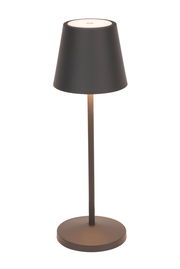 Schwarze Akku-Tischleuchte mit konischem Schirm, seitliche Perspektive