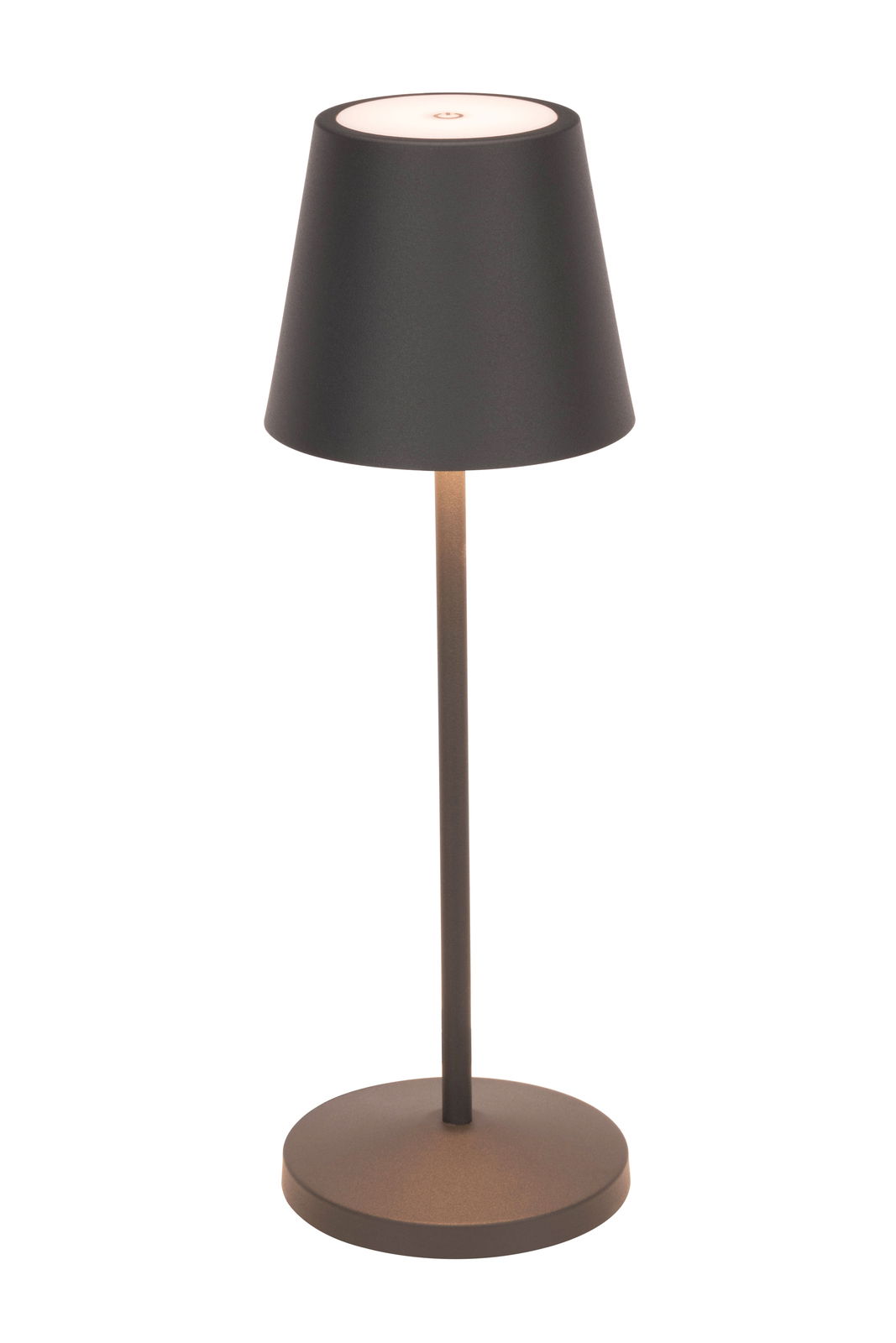 Schwarze Akku-Tischleuchte mit konischem Schirm, seitliche Perspektive