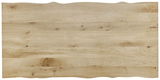 Holztischplatte in natürlicher Holzoptik, rechteckig mit unregelmäßigen Kanten, aus der Vogelperspektive fotografiert.