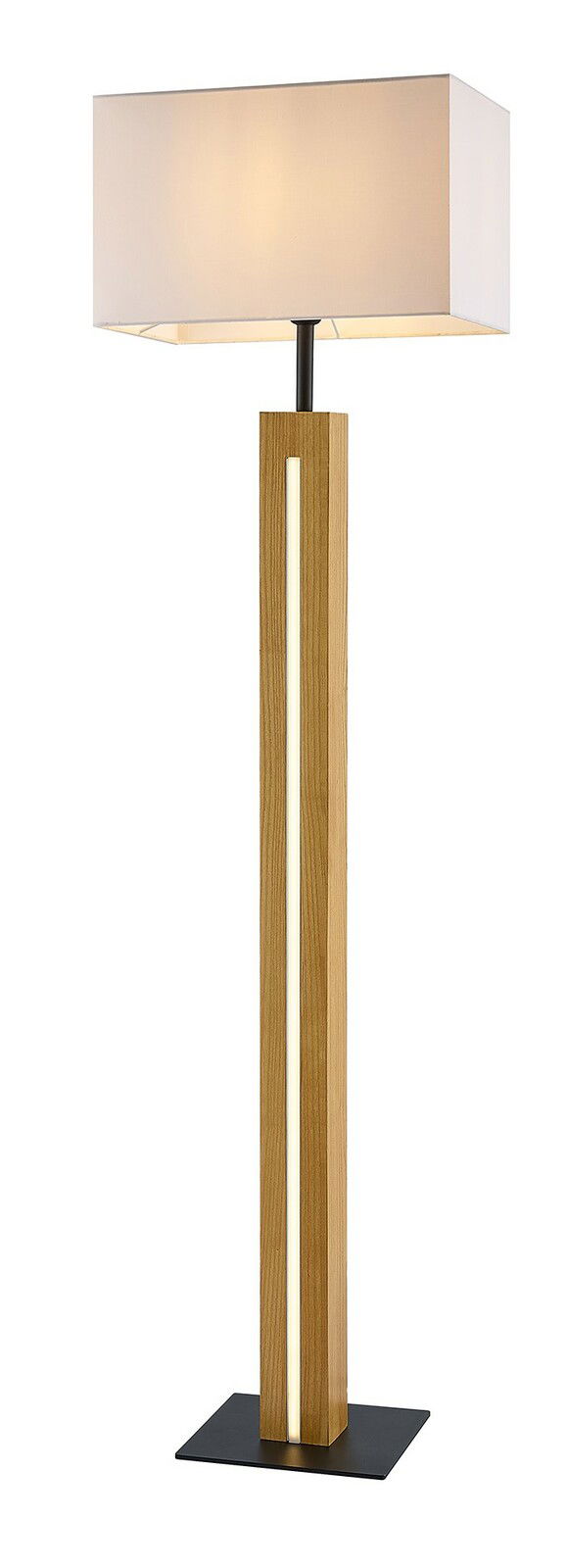 Moderne Stehleuchte mit rechteckigem, hellem Lampenschirm und einem Holzfuß mit integriertem Lichtstreifen, seitliche Perspektive.