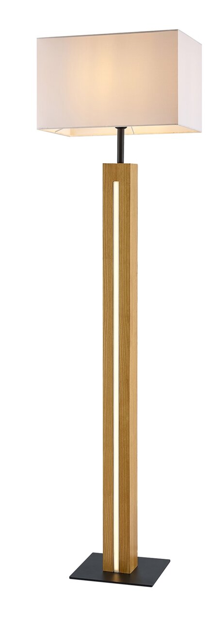 Moderne Stehleuchte mit rechteckigem, hellem Lampenschirm und einem Holzfuß mit integriertem Lichtstreifen, seitliche Perspektive.