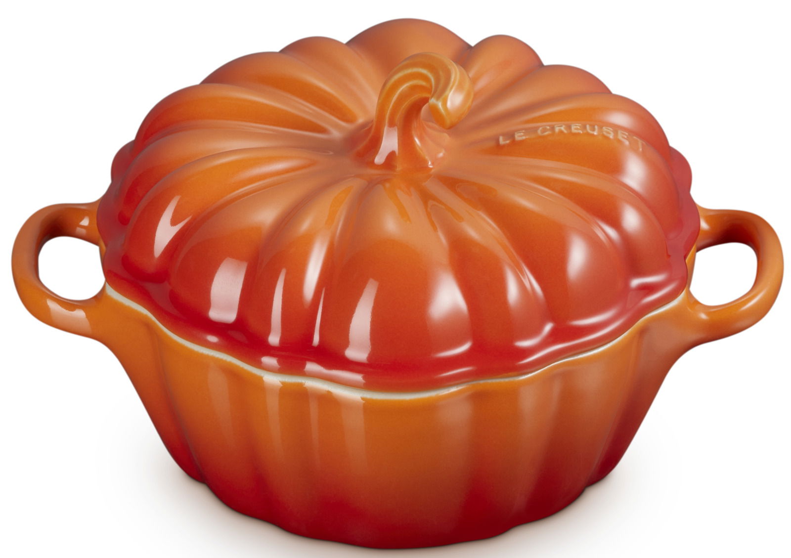 Ofenrote Kürbisförmige Auflaufform mit Deckel, seitliche Perspektive