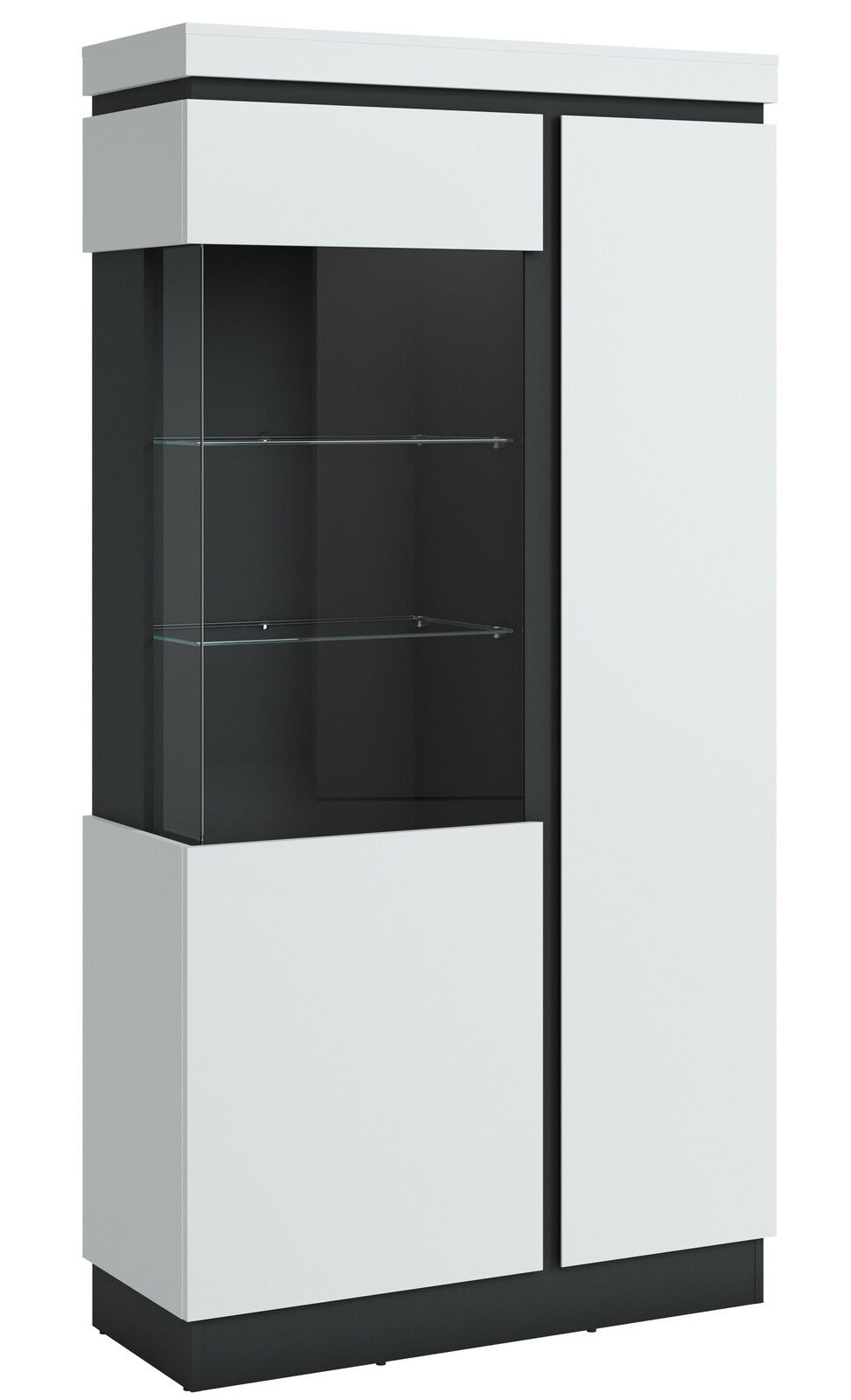Z2 Vitrine breit CAMPANIA Moderne Vitrine in Weiß und Schwarz mit Glasregalen, seitliche Perspektive